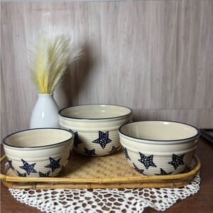 Marshall Pottery StonewareNesting Mixing Bowls Cobalt Blue Sponged Star Vintage